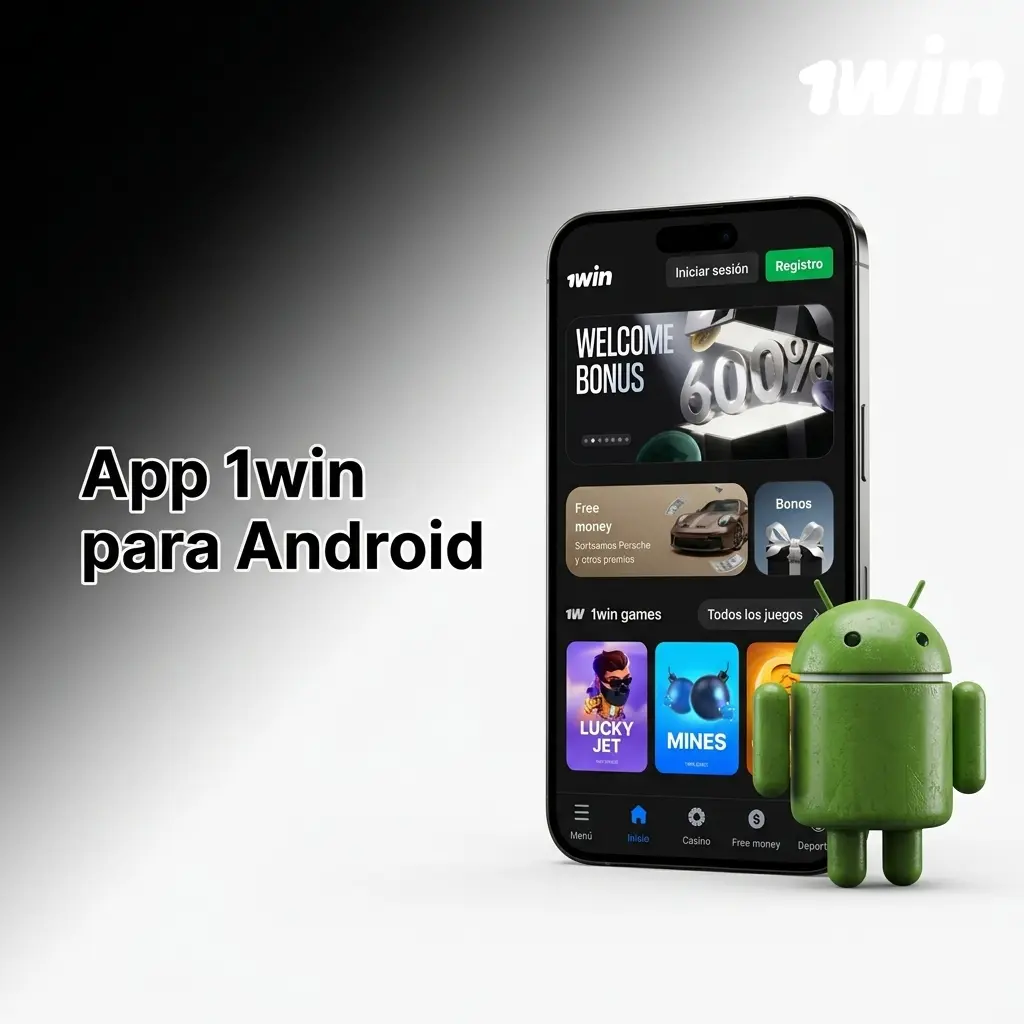 Pantalla de la app 1win para Android mostrando su interfaz de apuestas y casino en dispositivos móviles