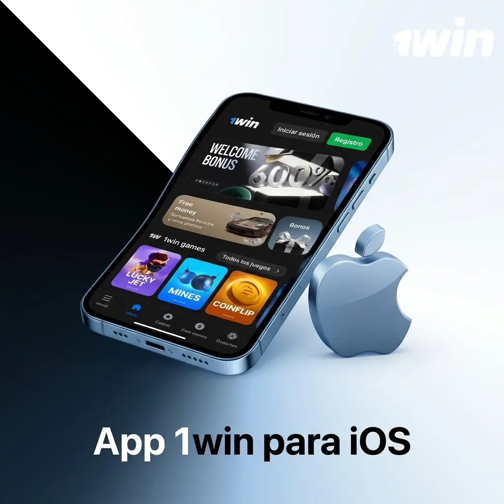 Pantalla de la aplicación móvil 1win para dispositivos iOS con interfaz de apuestas y casino