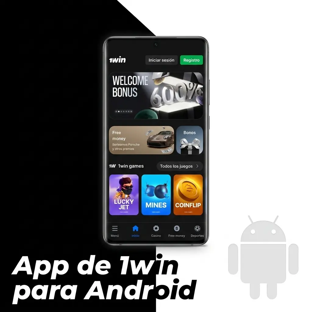 Interfaz de la aplicación móvil 1win para dispositivos Android con opciones de apuestas y casino