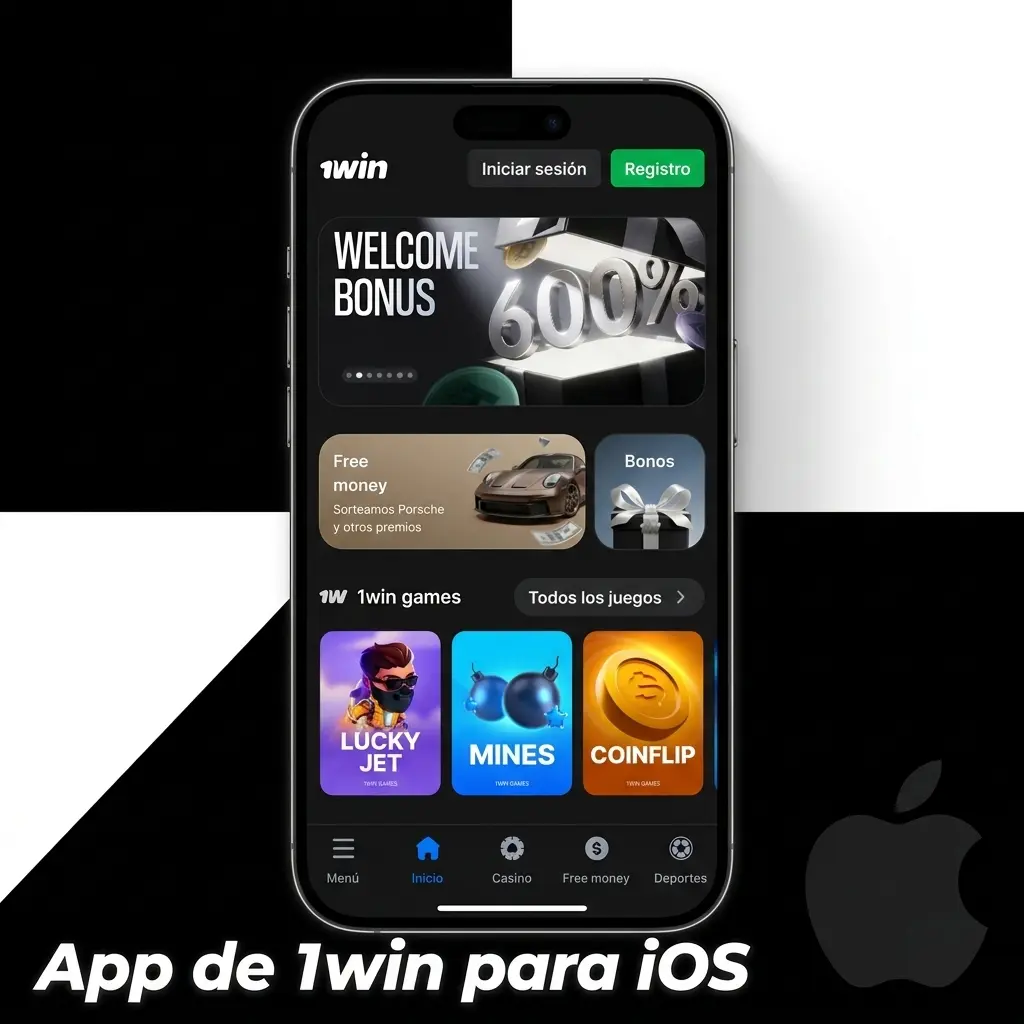 Interfaz de la aplicación móvil 1win para dispositivos iOS con sus funciones principales de apuestas