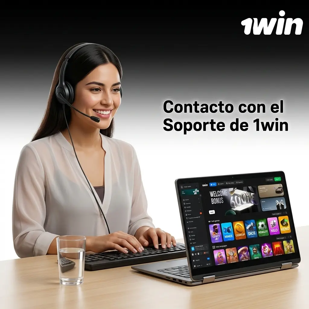 Pantalla de contacto con soporte técnico de 1win mostrando opciones de chat en vivo y correo electrónico