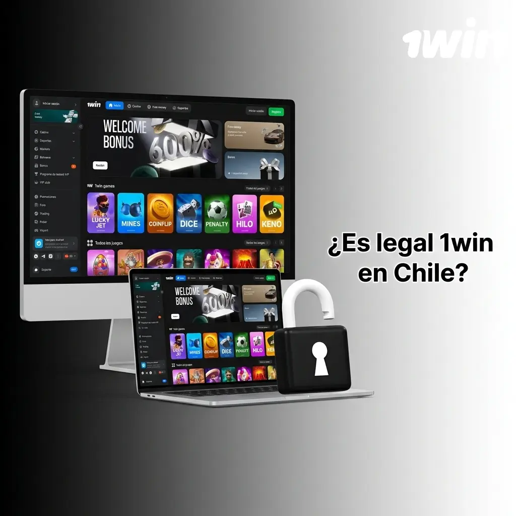 Logotipo de 1win con bandera chilena y símbolo legal que representa la legalidad de la plataforma en Chile