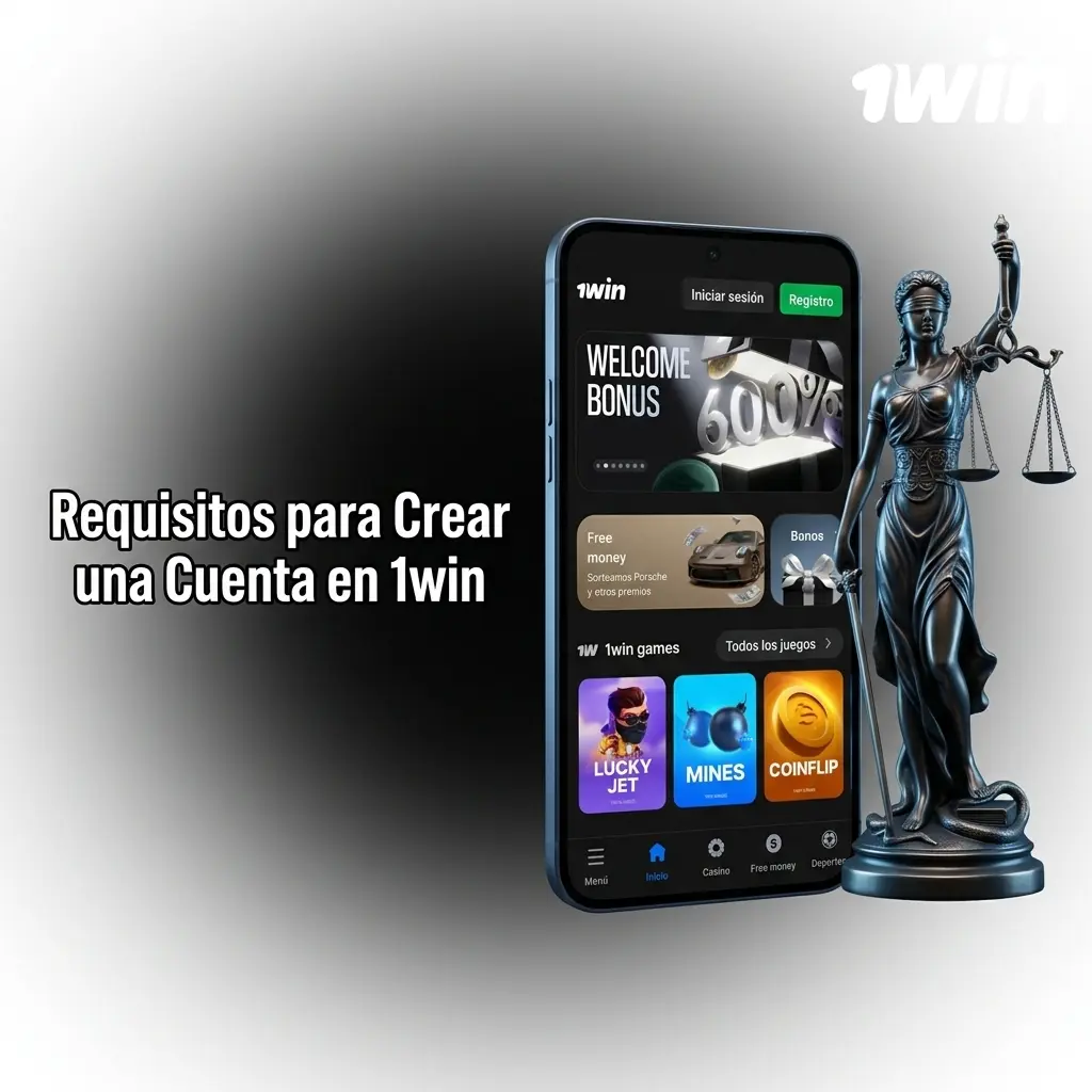 Persona completando formulario de registro en 1win con requisitos de cuenta visibles en pantalla