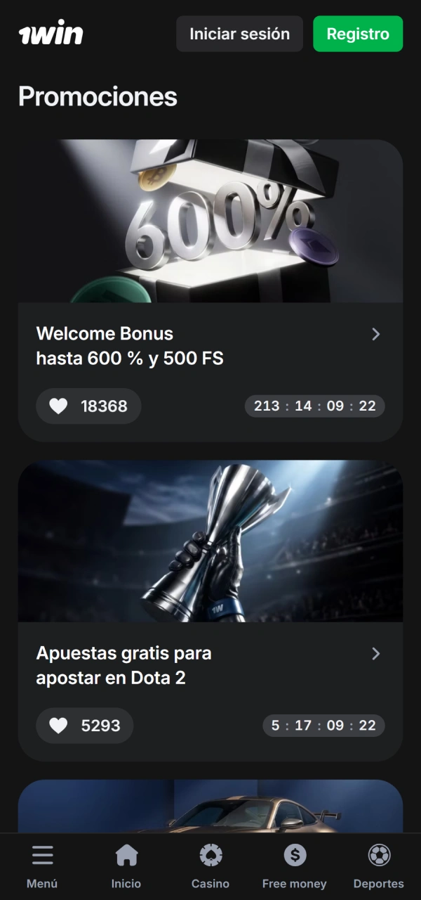 Activa la interfaz de bonificaciones exclusivas desde la app 1win Aplicación.