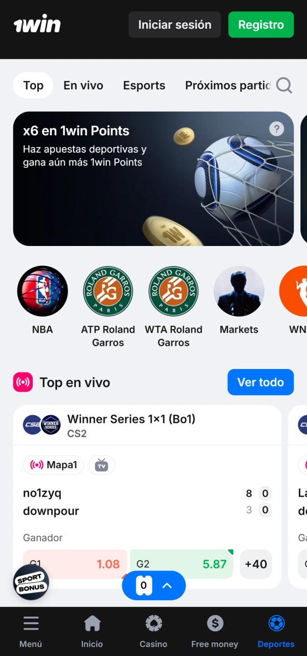 Selecciona la interfaz de deportes para hacer apuestas en 1win Aplicación.
