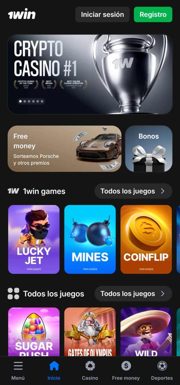 Navega por la interfaz de inicio dentro de la móvil 1win Aplicación.