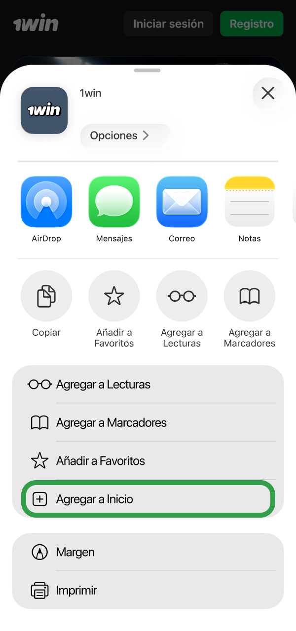 Genera el acceso directo en el sistema iOS de 1win Aviator.