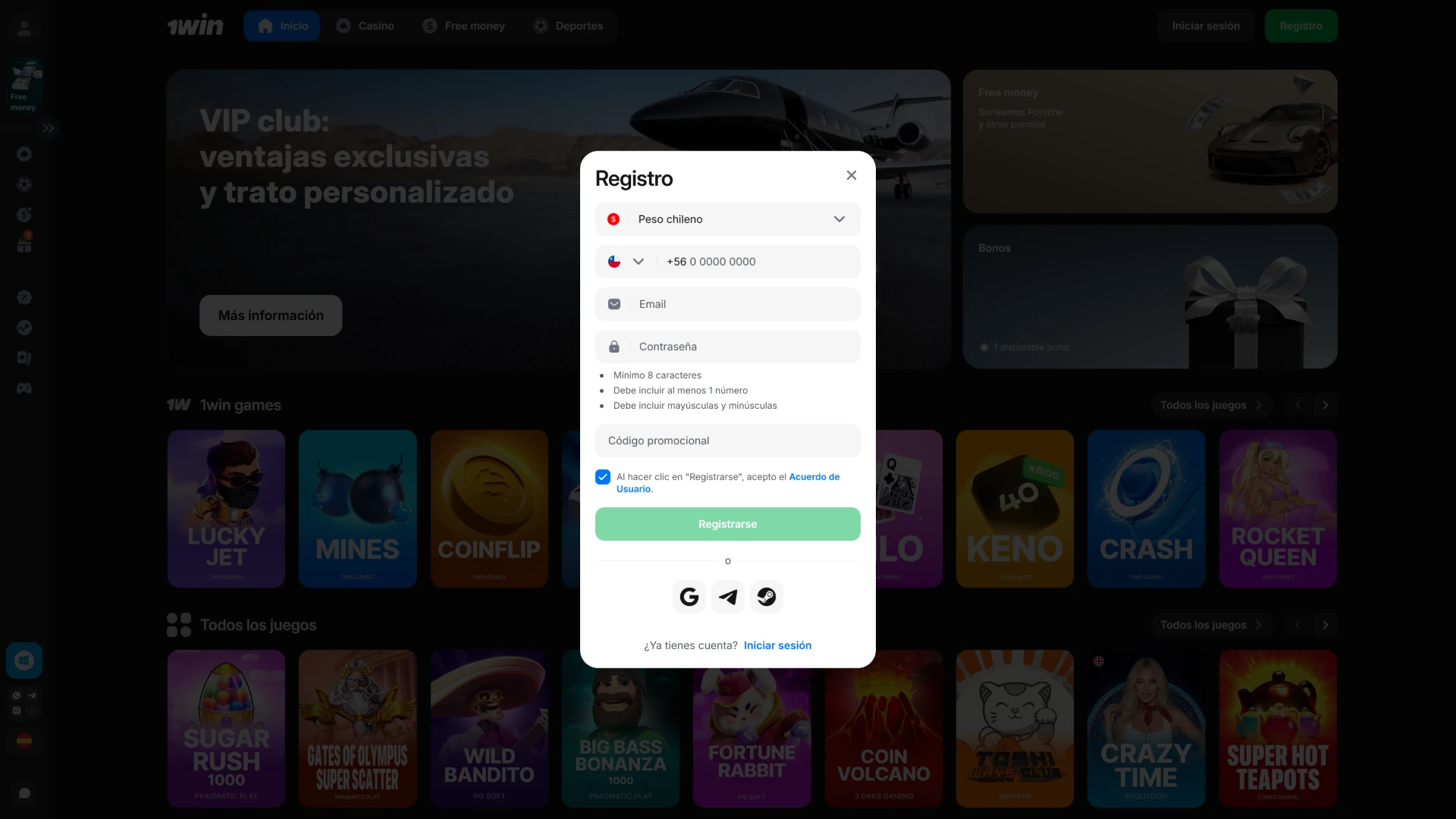 Accede a la interfaz de registro y crea tu cuenta en 1win Chile.