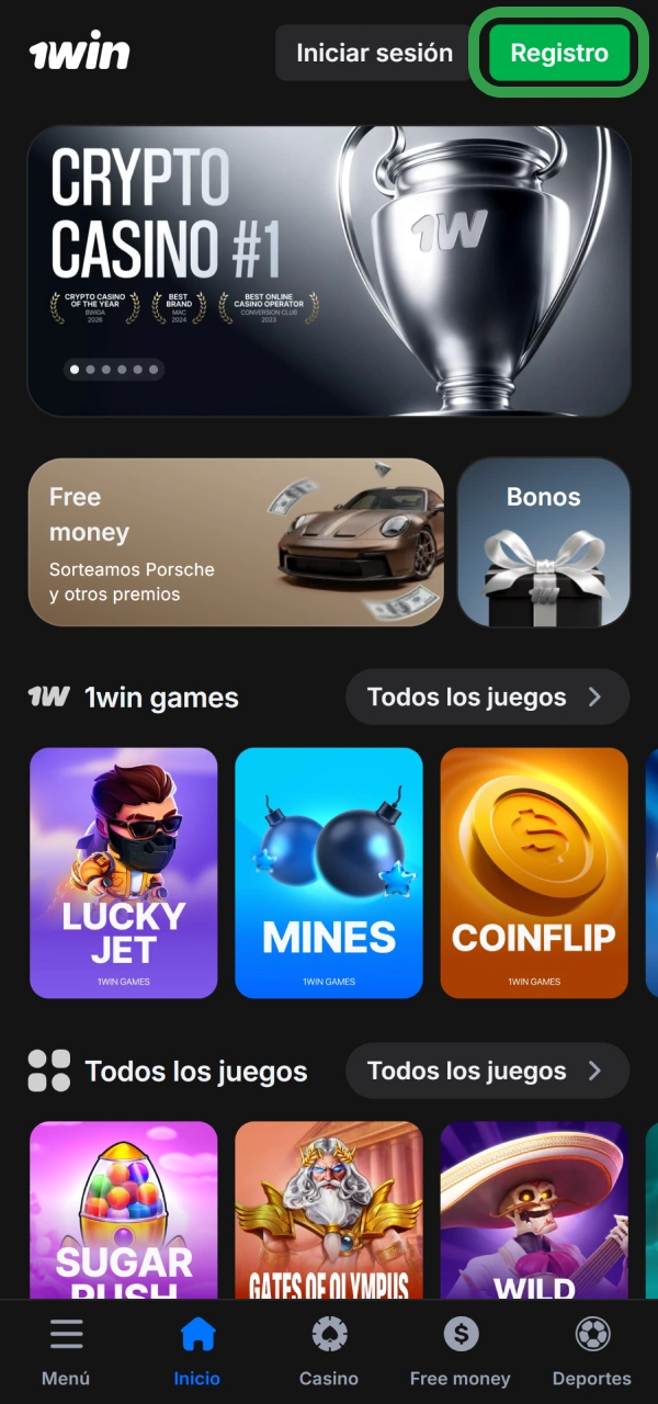 Ejecuta la aplicación instalada para iniciar el formulario de 1win Registro.