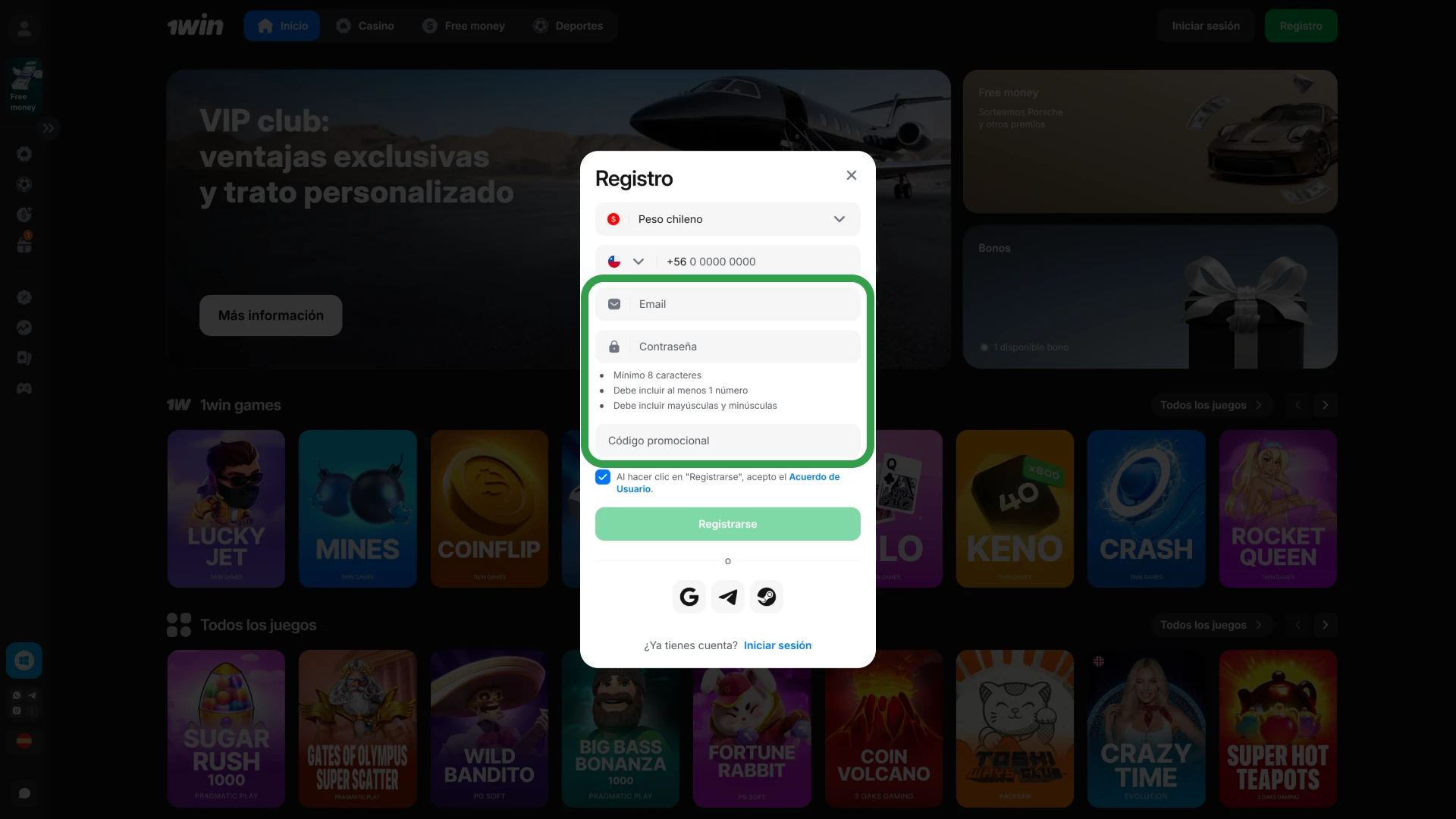 Introduce tu información real para avanzar con el 1win Registro.