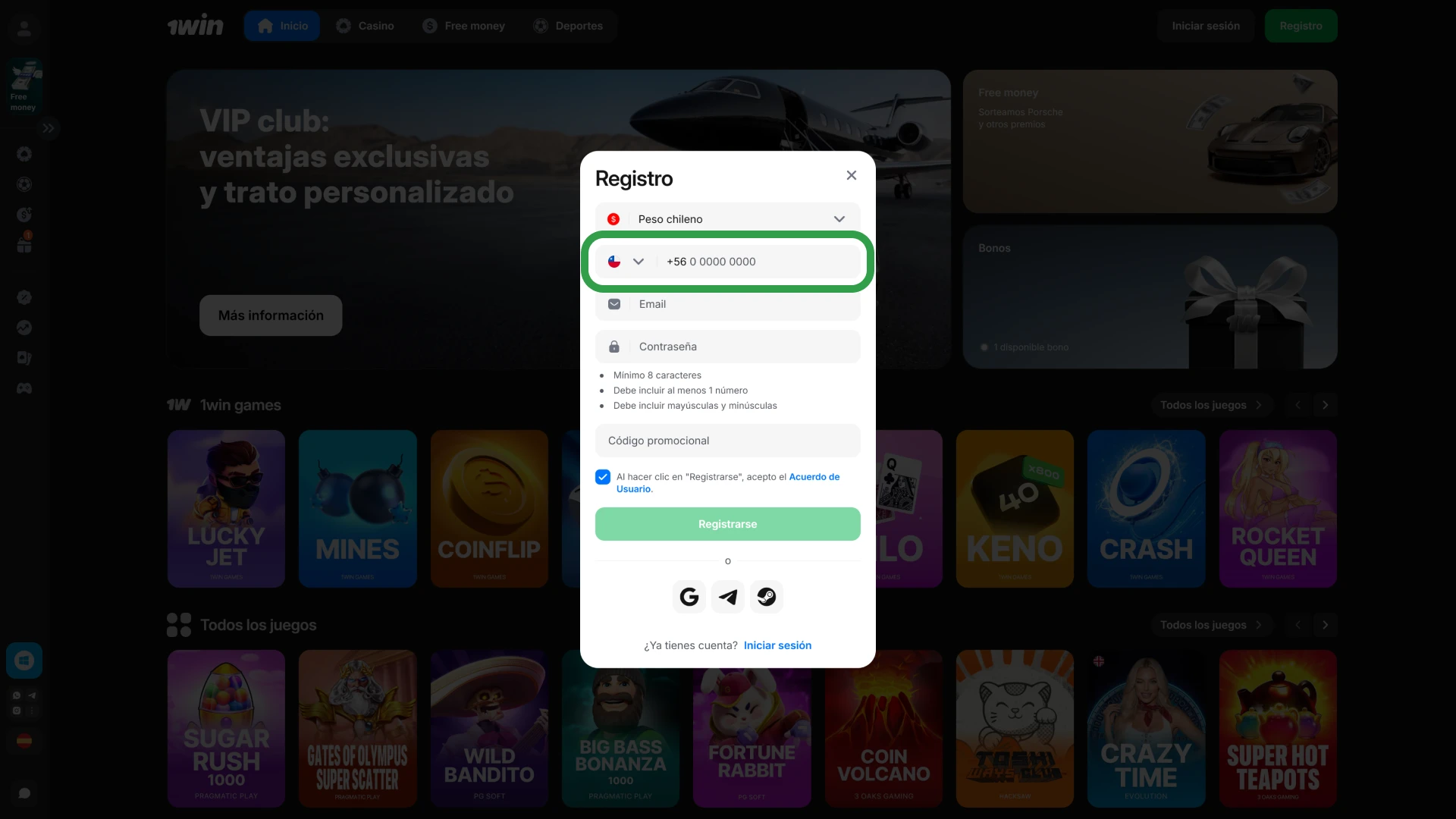 Selecciona tu modalidad preferida en el formulario de 1win Registro.